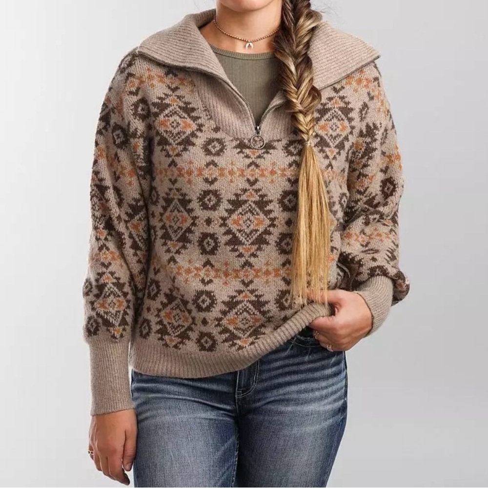 Daytrip Cream Cowl Neck Sweater with Geometric Pattern and Zip-Up Style